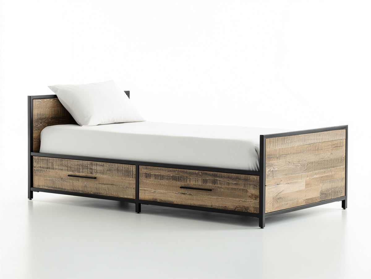 Lit simple - Bois-Métal - 205 x 100 x 95 cm - Bois naturel-Noir - Style industriel avec rangement