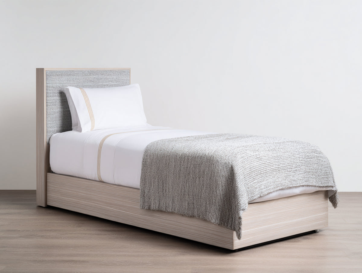 Lit simple - Bois-Tissu - 205 x 100 x 105 cm - Bois clair-Gris - Style naturel