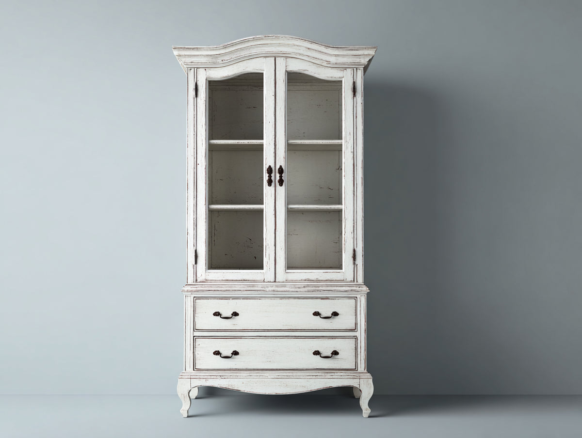 Vitrine - Bois-Verre - 100 x 44 x 190 cm - Blanc vieilli - Style campagne