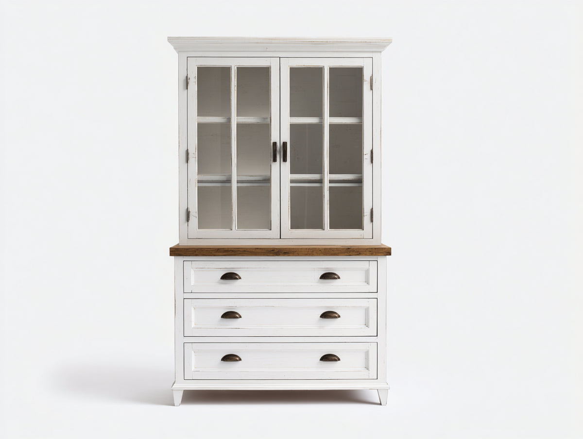 Vitrine - Bois-Verre - 110 x 45 x 190 cm - Blanc-Bois naturel - Style campagne