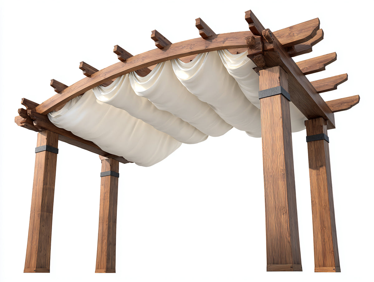 Tonnelle de jardin - Bois-Tissu - 350 x 300 x 260 cm - Bois naturel-Blanc - Rustique