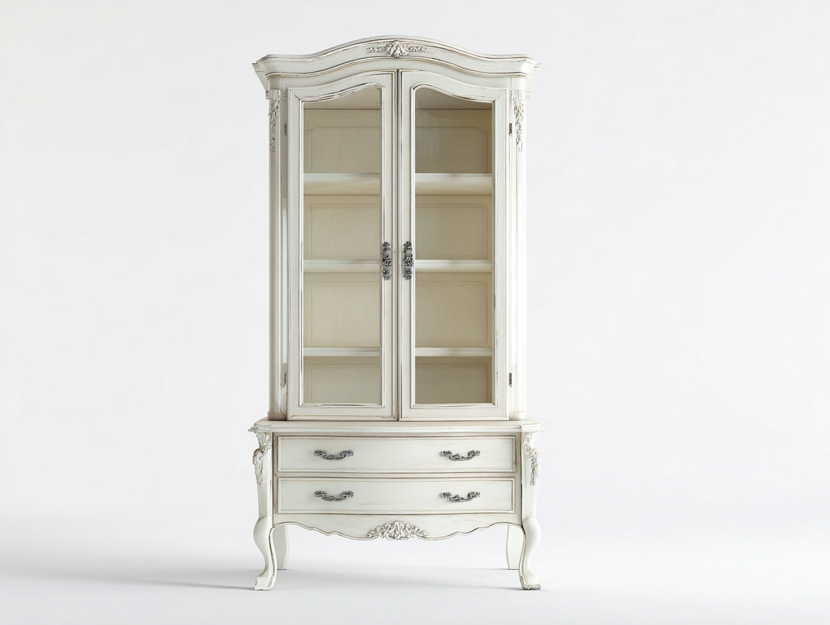Vitrine - Bois-Verre - 100 x 42 x 190 cm - Ivoire - Style Louis XV